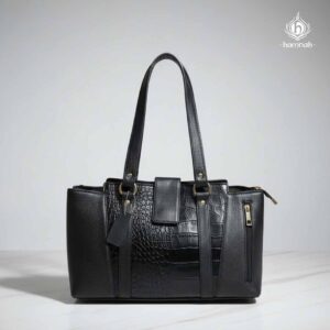Women’s Shoulder Tote Croc-Embossed Leather Bag (Black)