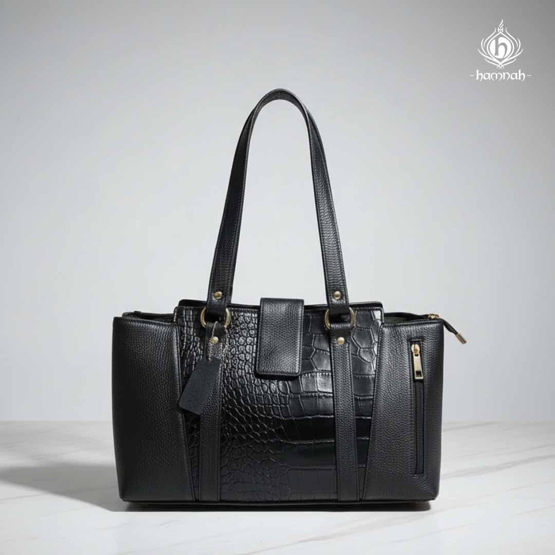 Women's Shoulder Tote Croc-Embossed Leather Bag (Black)